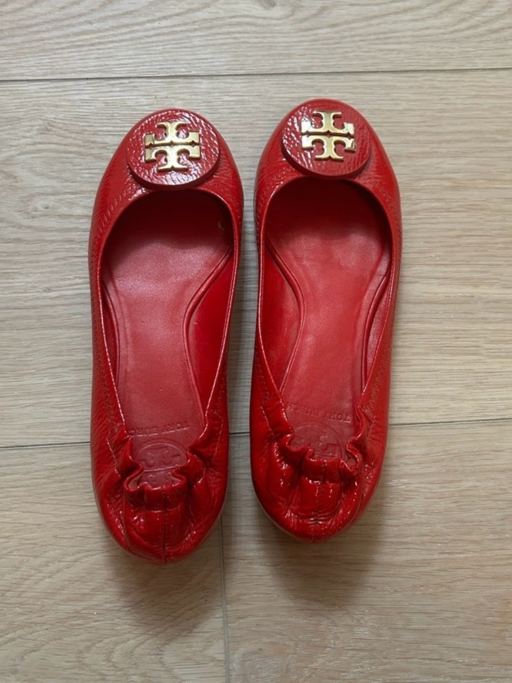 Tory Burch Bright Red Leather Logo Ballet Flats